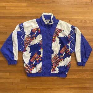 Vintage Lavon Jacket Womens Large Blue White Southwestern Aztec Windbreaker 90s